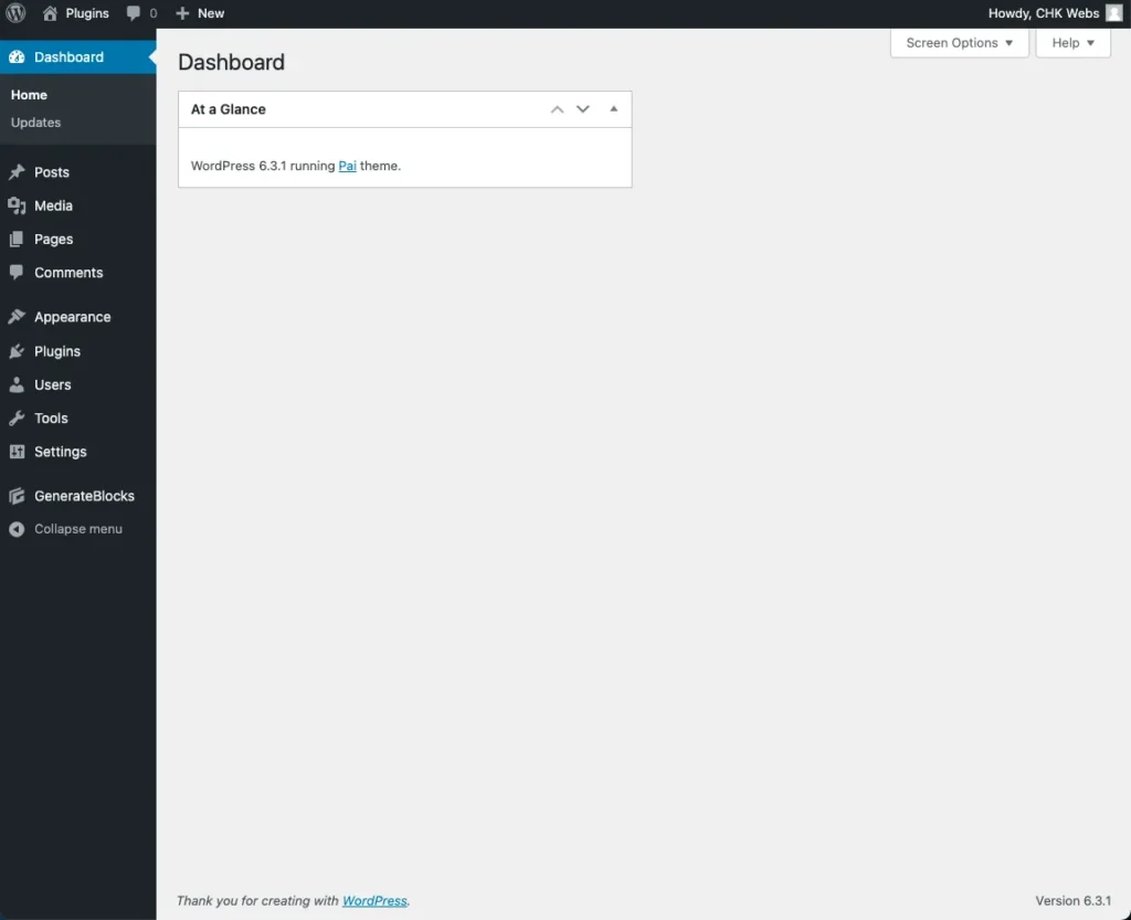 หน้าตา Dashboard ของ WordPress สำหรับจัดการเนื้อหาและระบบหลังบ้าน